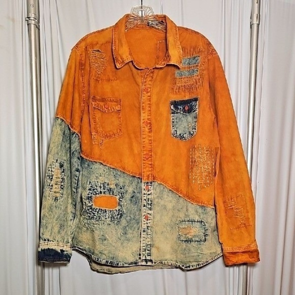 Vintage 90's Y2K Imperious Mens Orange Blue Denim Acid Distressed Wash Shirt